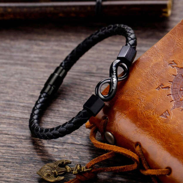 For Husband -  You are My King Personalized 2 Names Infinity Leather Bracelet