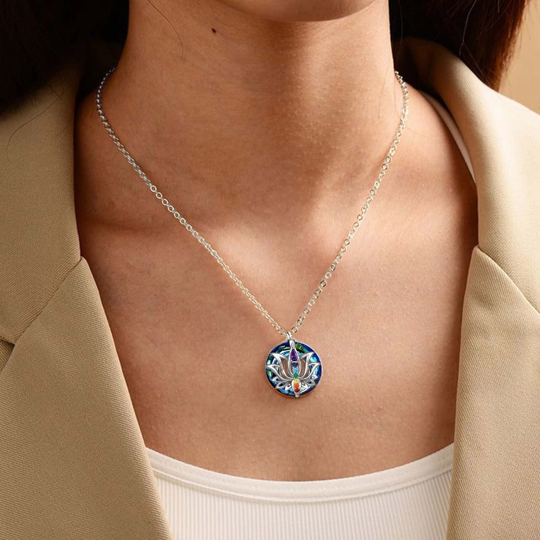 S925 Move on Colorful Crystal Lotus Necklace