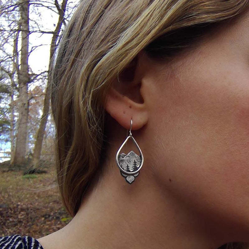 Forest Tree Mountain Pine Round Silver Earrings