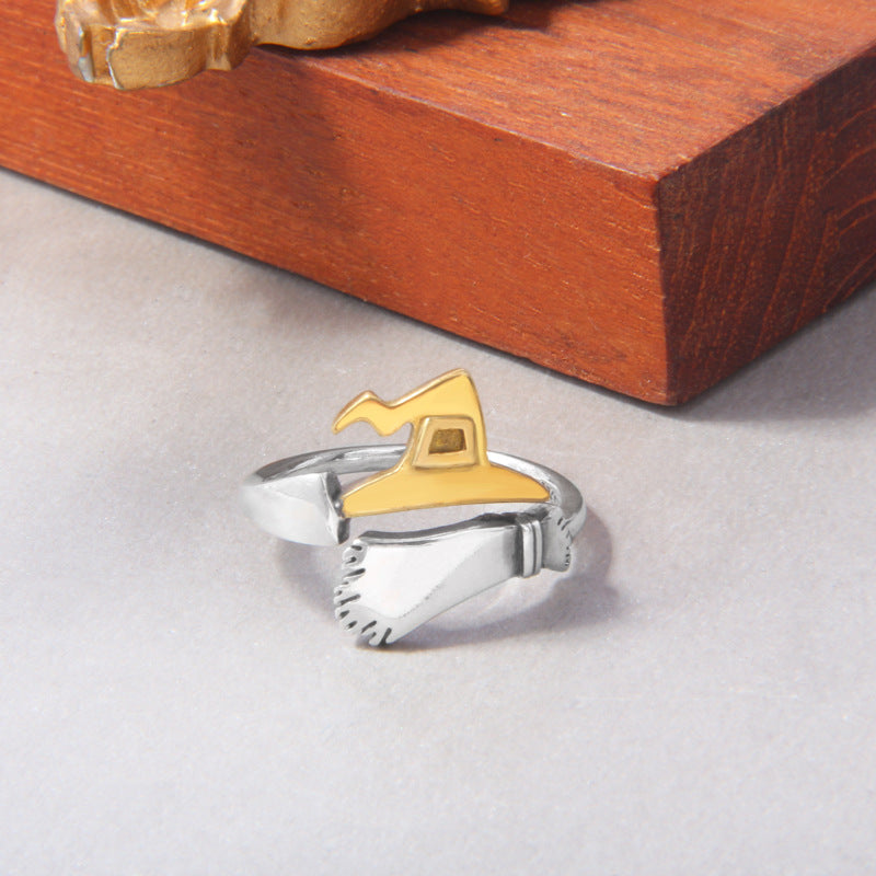 Pumpkin Witch Magic Broom Couple Ring