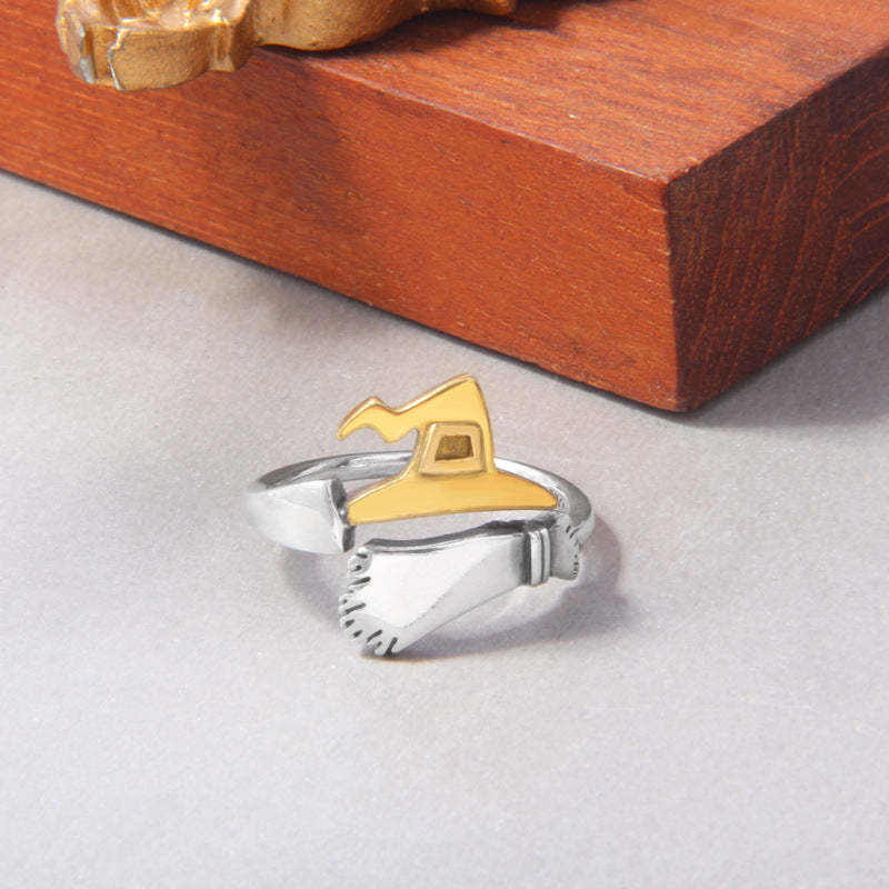 Pumpkin Witch Magic Broom Couple Ring