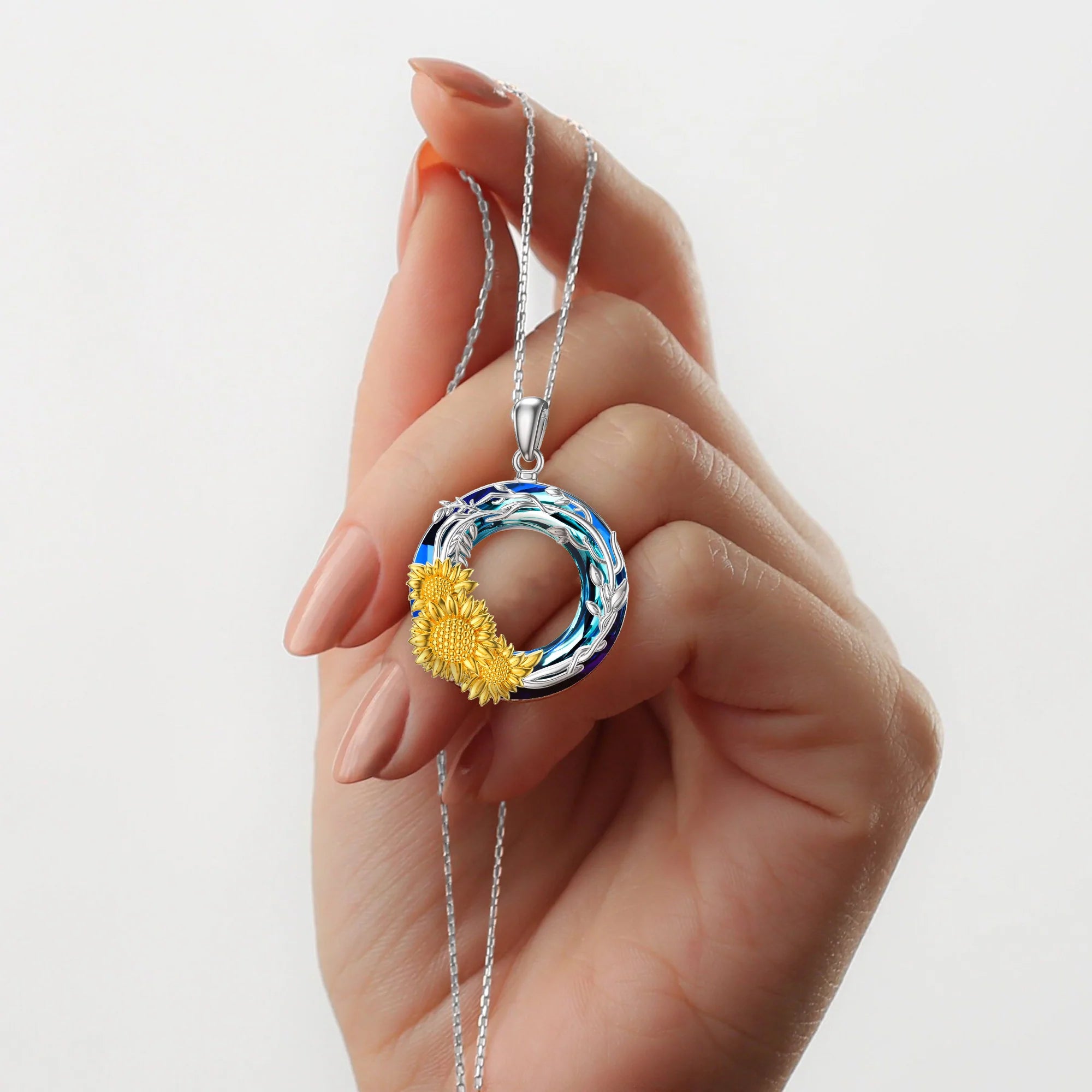For Granddaughter - S925 You are My Sunshine Crystal Sunflowers and Vines Necklace