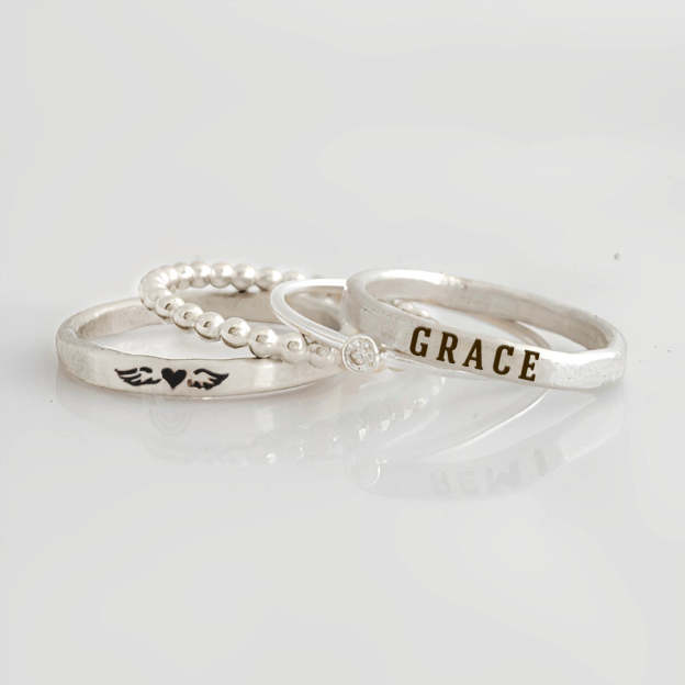 For Memorial - Even Death Can't Stop Me From Loving Him Angel Custom Name Stacked Ring - 4 Rings Set