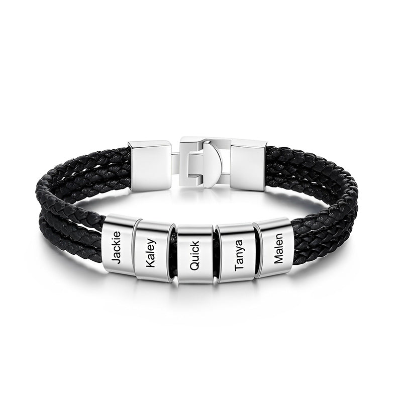 FOR FATHER - SPECIALIZED WITH FAMILIES' NAMES BEAD LEATHER BRAIDED BRACELET