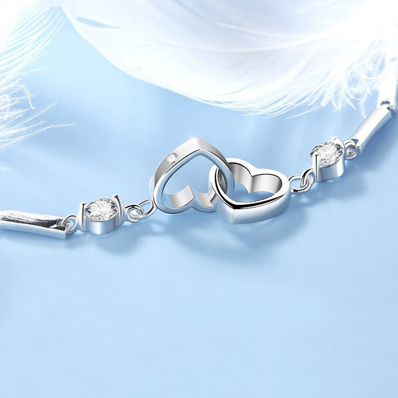For Mother/Daughter - S925 Mother & Daughter Forever Linked Together Crystal Heart To Heart Bracelet