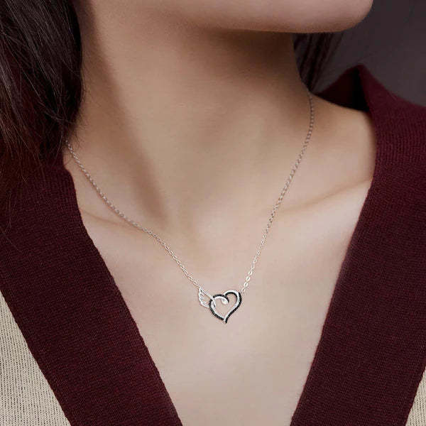 For Memorial - I Will Always Love You Mom Black Diamond Heart Wings Necklace