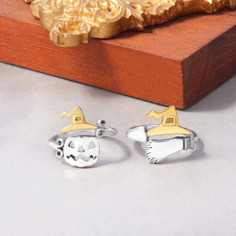 Pumpkin Witch Magic Broom Couple Ring