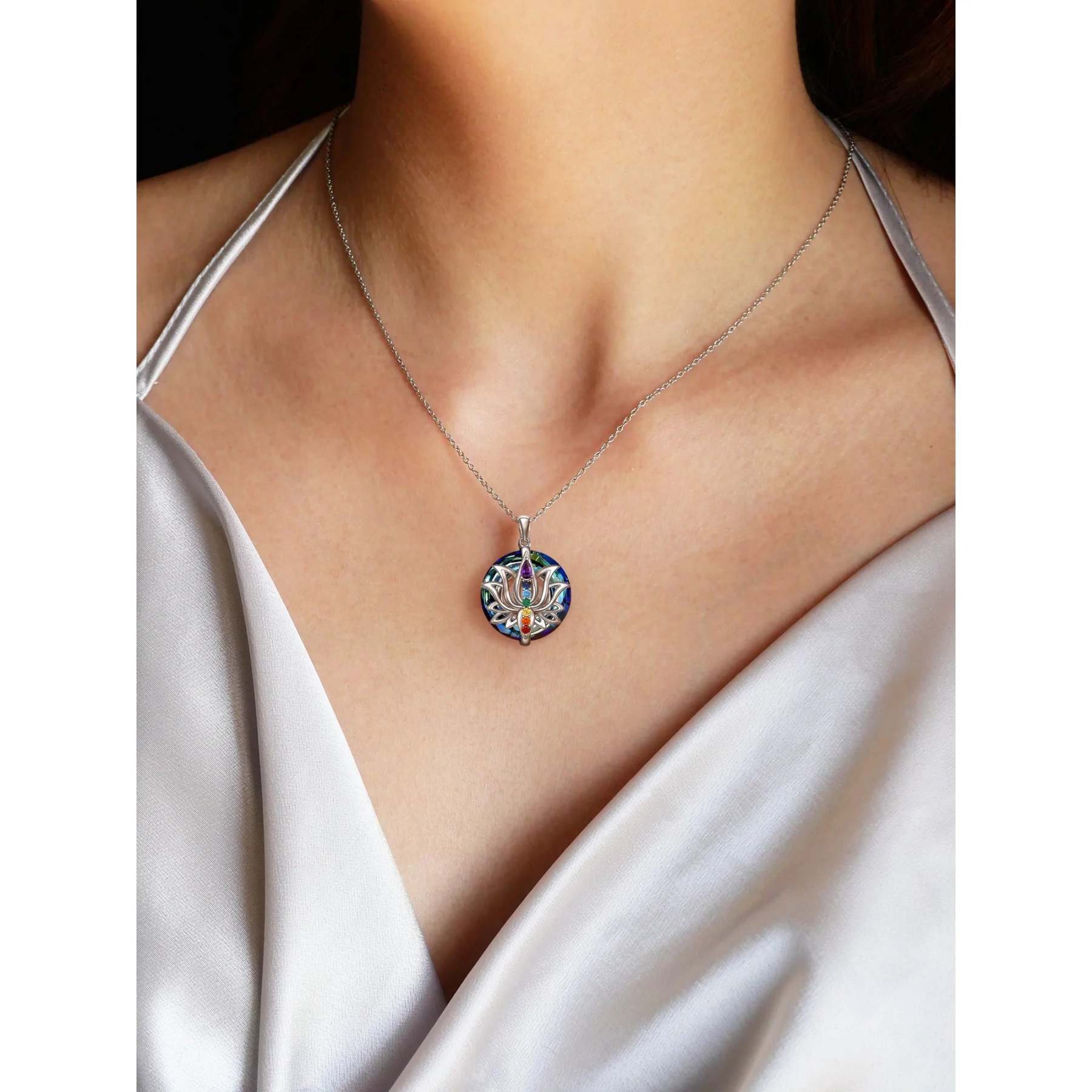 S925 Move on Colorful Crystal Lotus Necklace