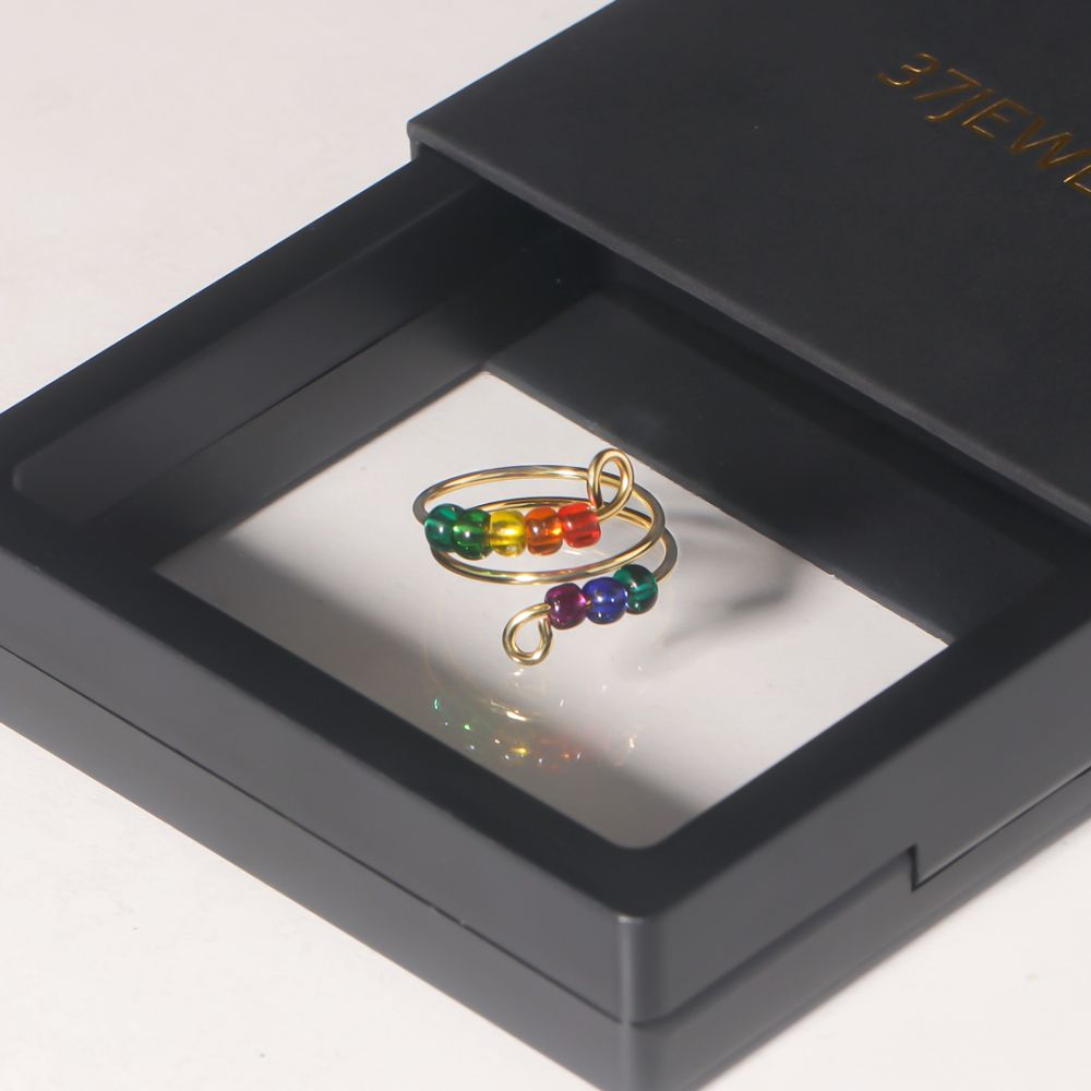 For daughter - S925 I Will Love & Protect You Golden Rainbow Beads Fidget Ring