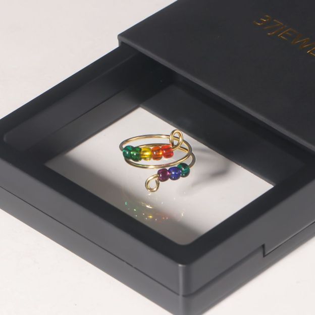 For daughter - S925 I Will Love & Protect You Golden Rainbow Beads Fidget Ring