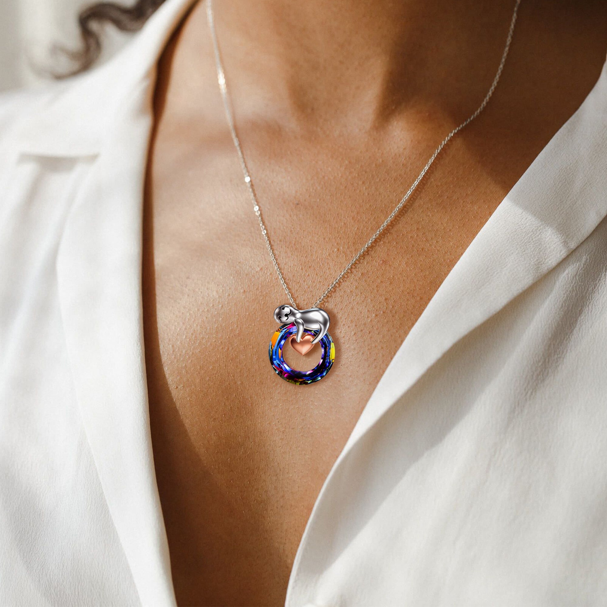 S925 Sloth Heartt Crystal Necklace