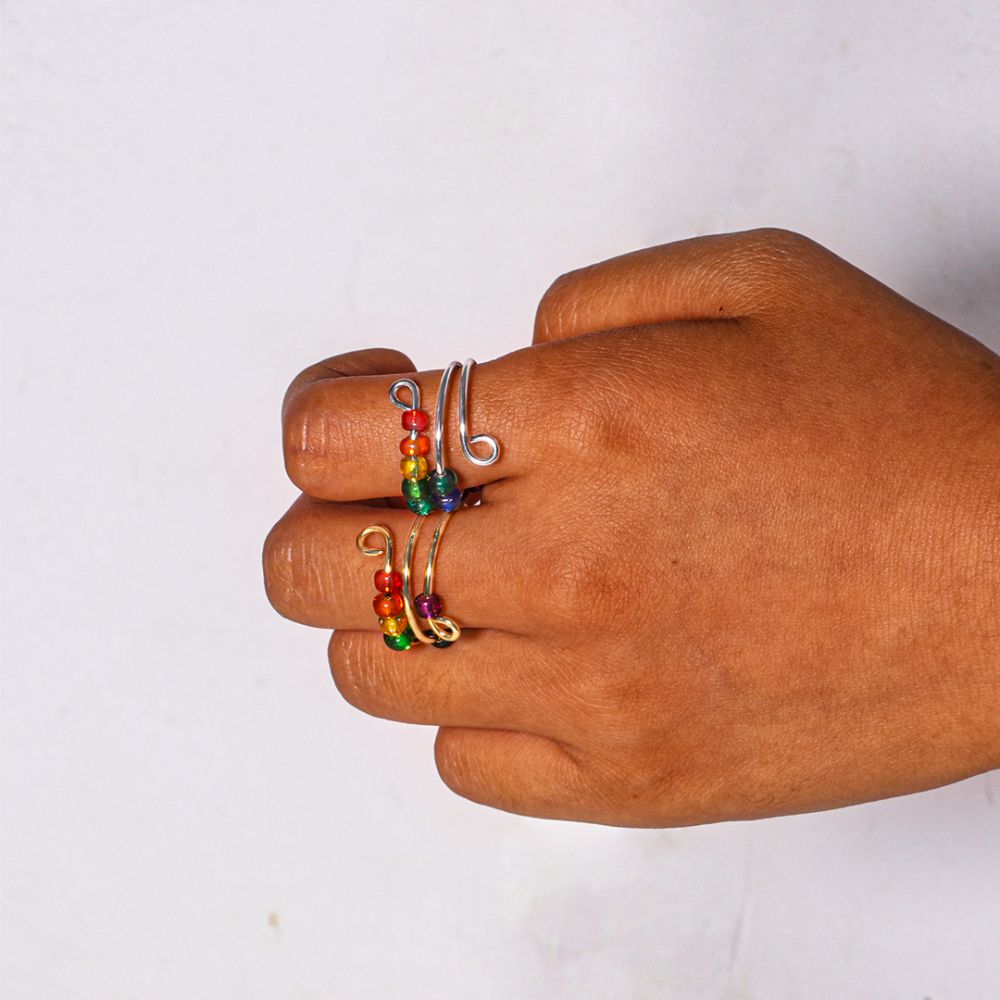 For daughter - S925 I Will Love & Protect You Golden Rainbow Beads Fidget Ring