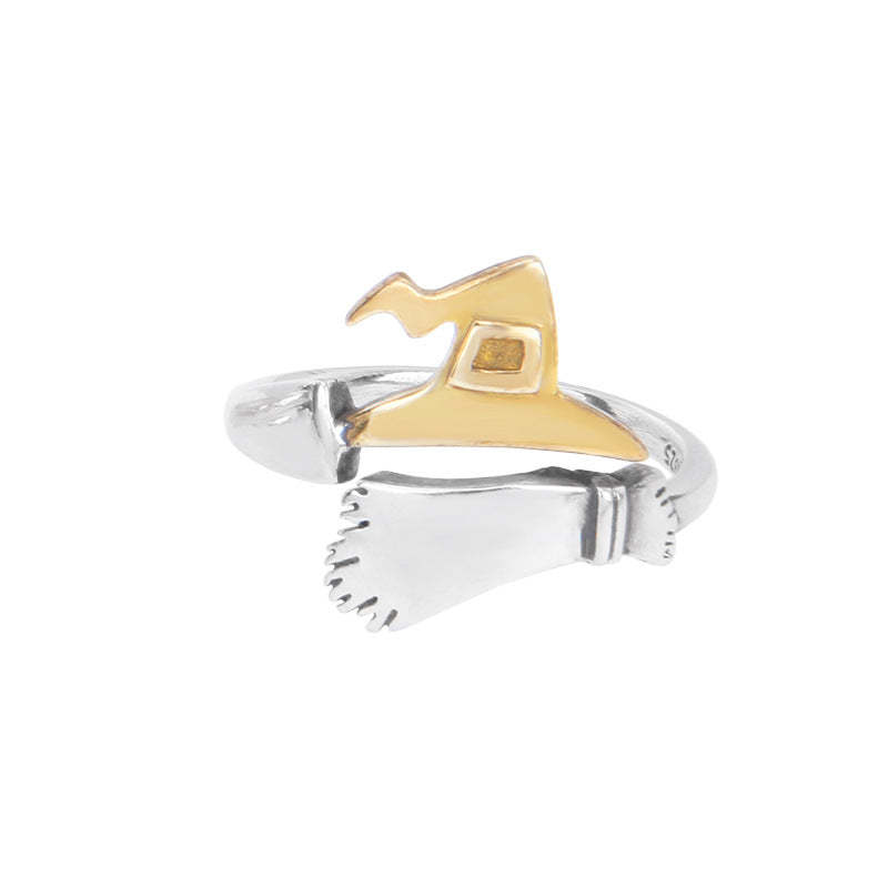 Pumpkin Witch Magic Broom Couple Ring