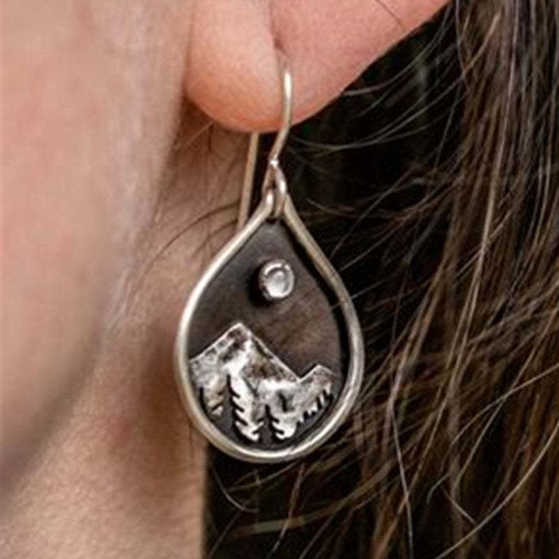 Forest Tree Mountain Pine Round Silver Earrings