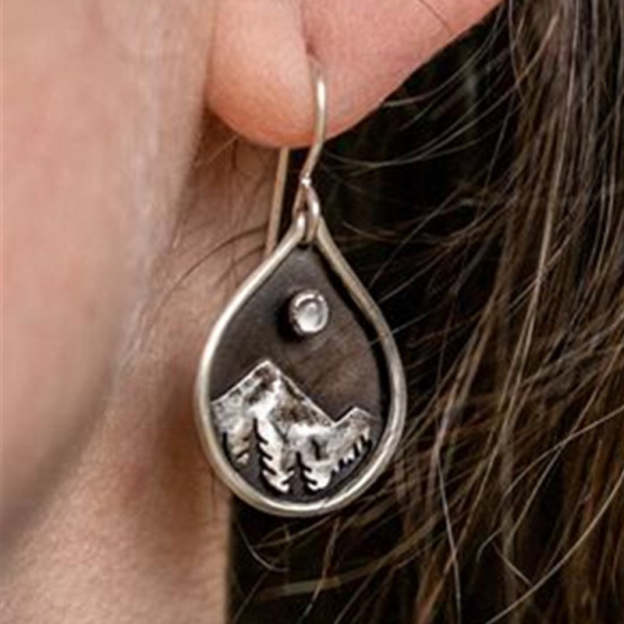 Forest Tree Mountain Pine Round Silver Earrings