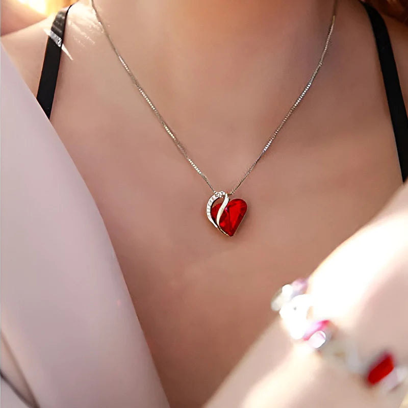 For Love - S925 We are Connected Heart to Heart Red Crystal Love Necklace