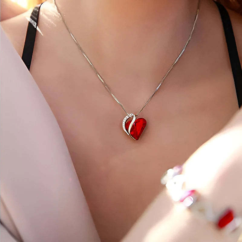 For Love - S925 We are Connected Heart to Heart Red Crystal Love Necklace