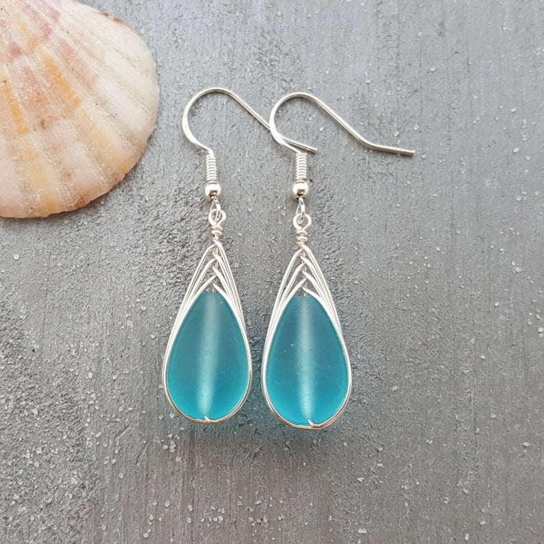 S925 Teardrop Sea Glass Earrings