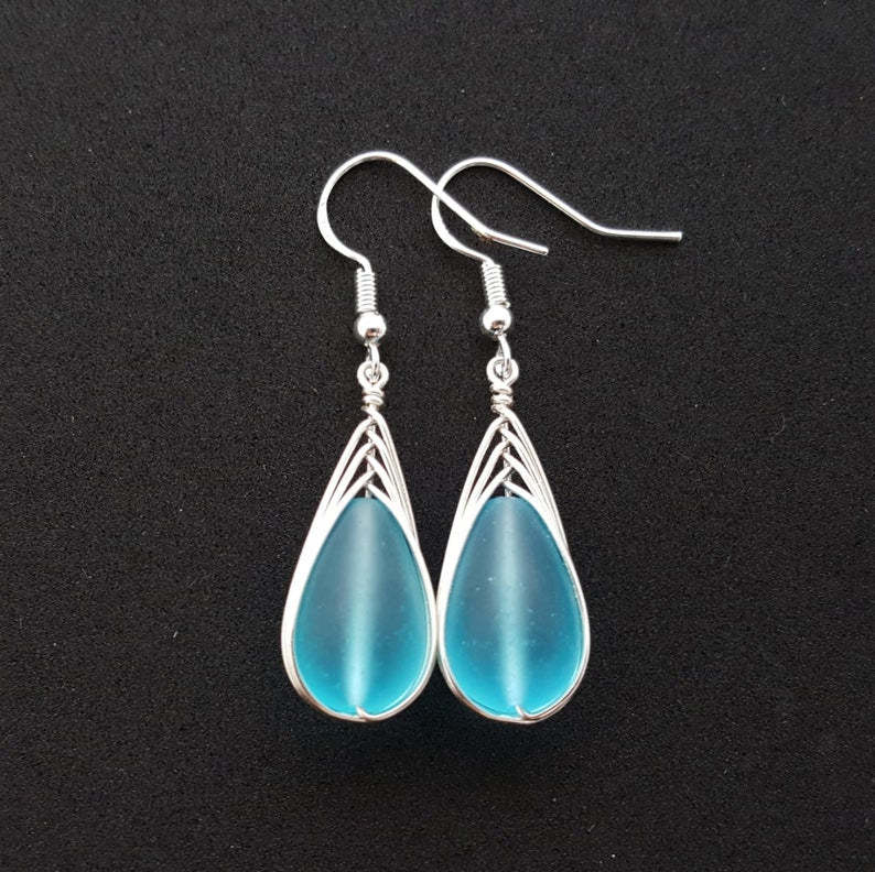 S925 Teardrop Sea Glass Earrings
