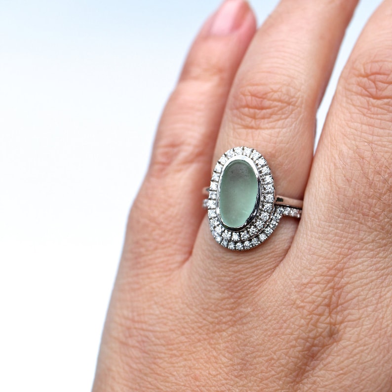 S925 Thalassophile Oval Diamond Sea Glass Ring