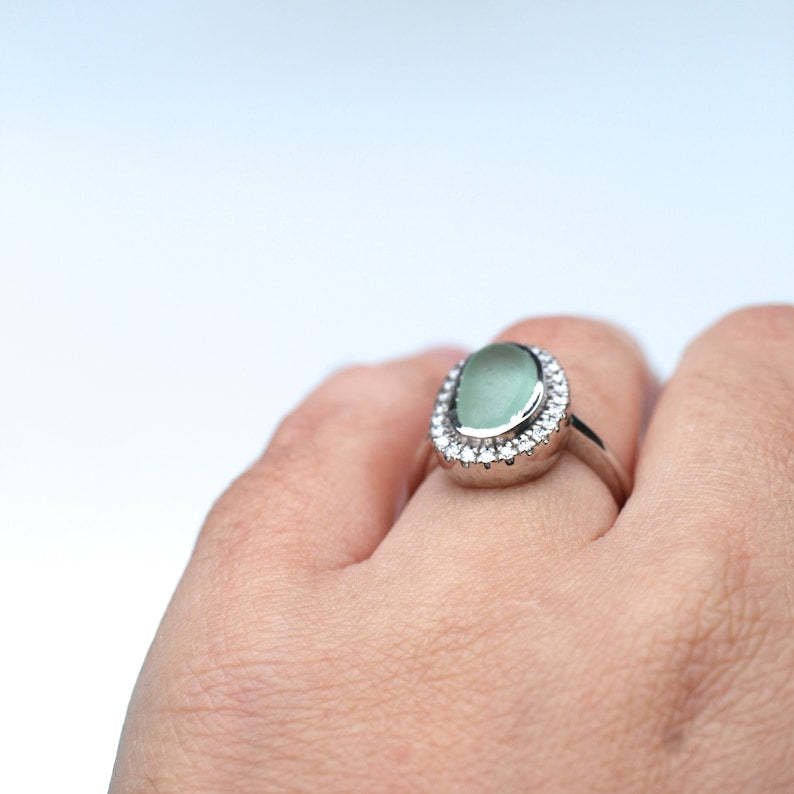 S925 Thalassophile Oval Diamond Sea Glass Ring