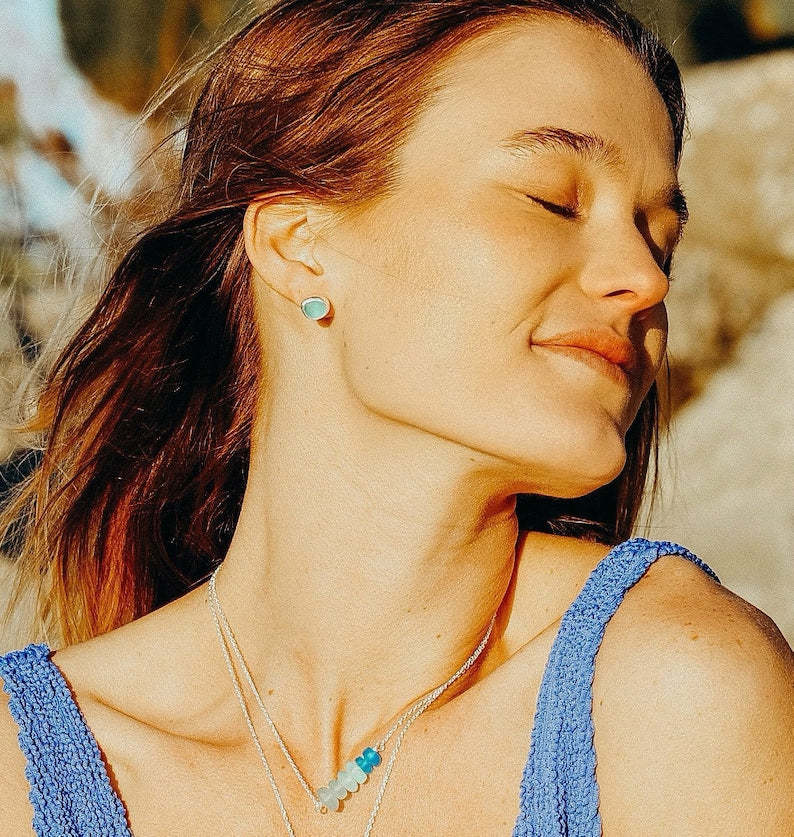 S925 Blue Sea Glass Stud Earrings