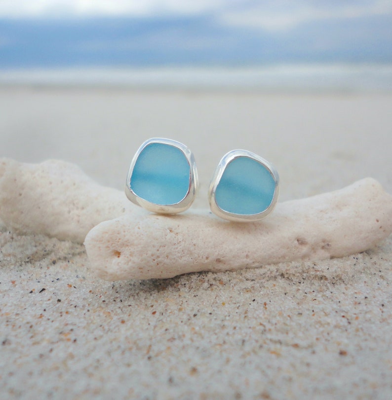 S925 Blue Sea Glass Stud Earrings