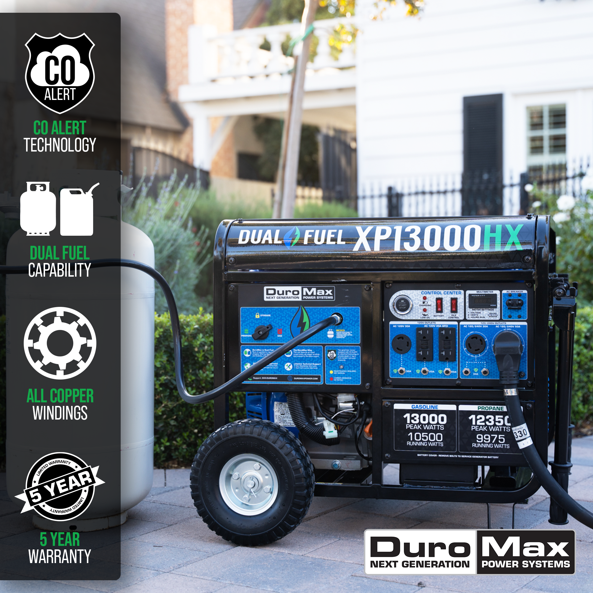 DuroMax 13,000 Watt Dual Fuel Portable HX Generator with CO Alarm