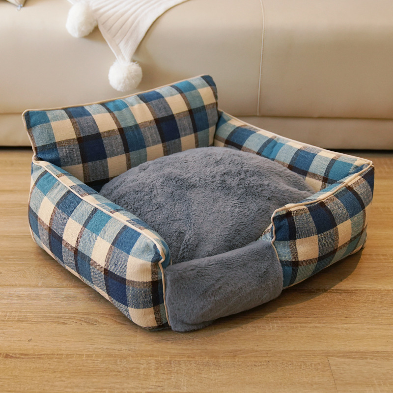 Vintage Plaid All-season Dog Sofa Bed with Plush Cushion