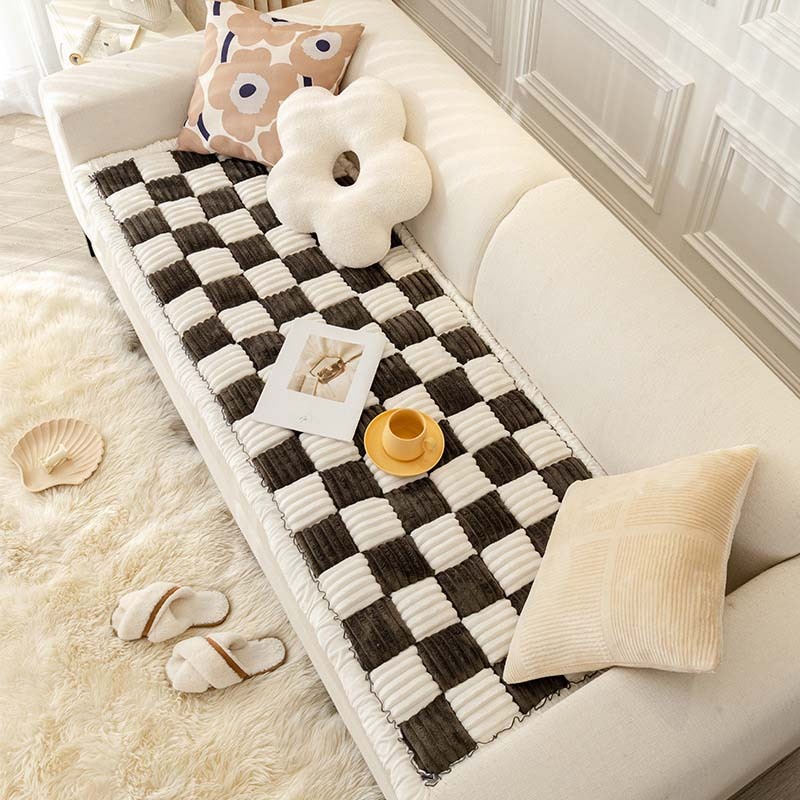 Cream-coloured Large Plaid Square Pet Mat Bed Sofa Cover