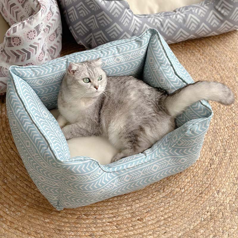 Boho Style Blue Square Cat & Dog Bed for All Season