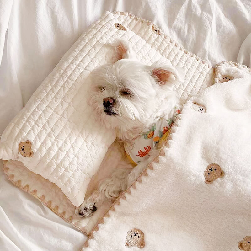 Cosy Embroidered Cotton Pet Pillow Quilt Bed Set