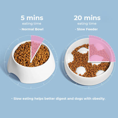 Comparison of Cosmos dog bowl with normal bowl. It has a longer eating time to help better digest and dogs with obesity.