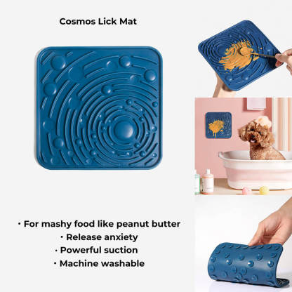Introduction of the blue dog lick mat. Used for mushy food, release anxiety. With powerful suction and machine washable.