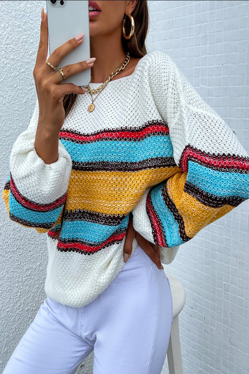 Off-Shoulder Contrast Rainbow Striped Sweater