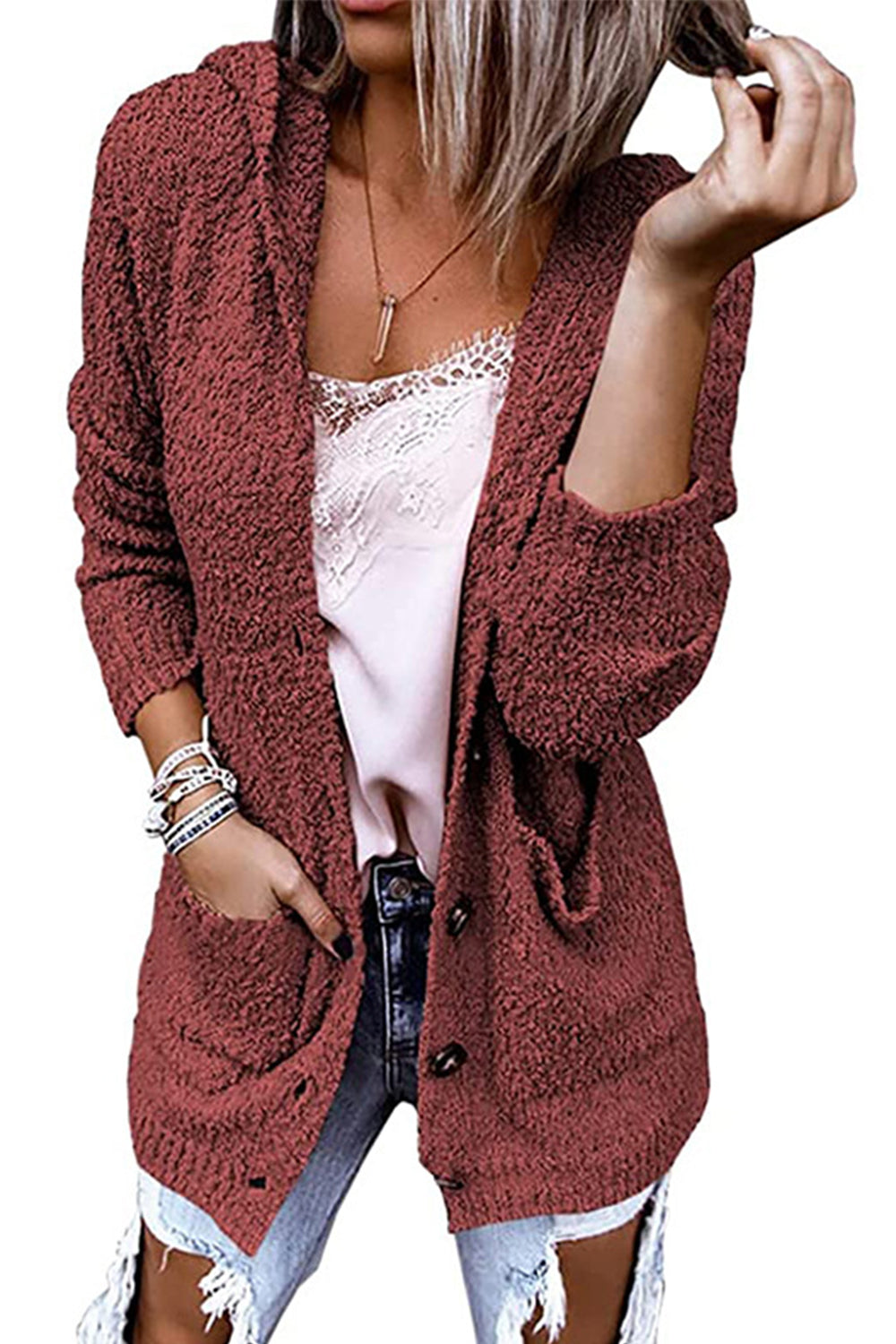 Single-Breasted Button Hooded Cardigan