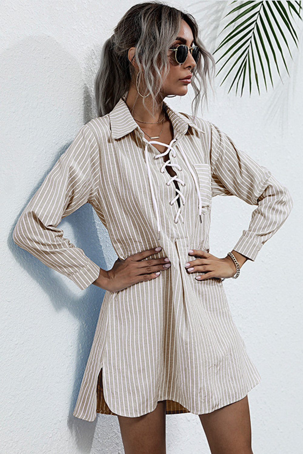 Long-sleeves Laces Hollow Stripes Shirt Dress