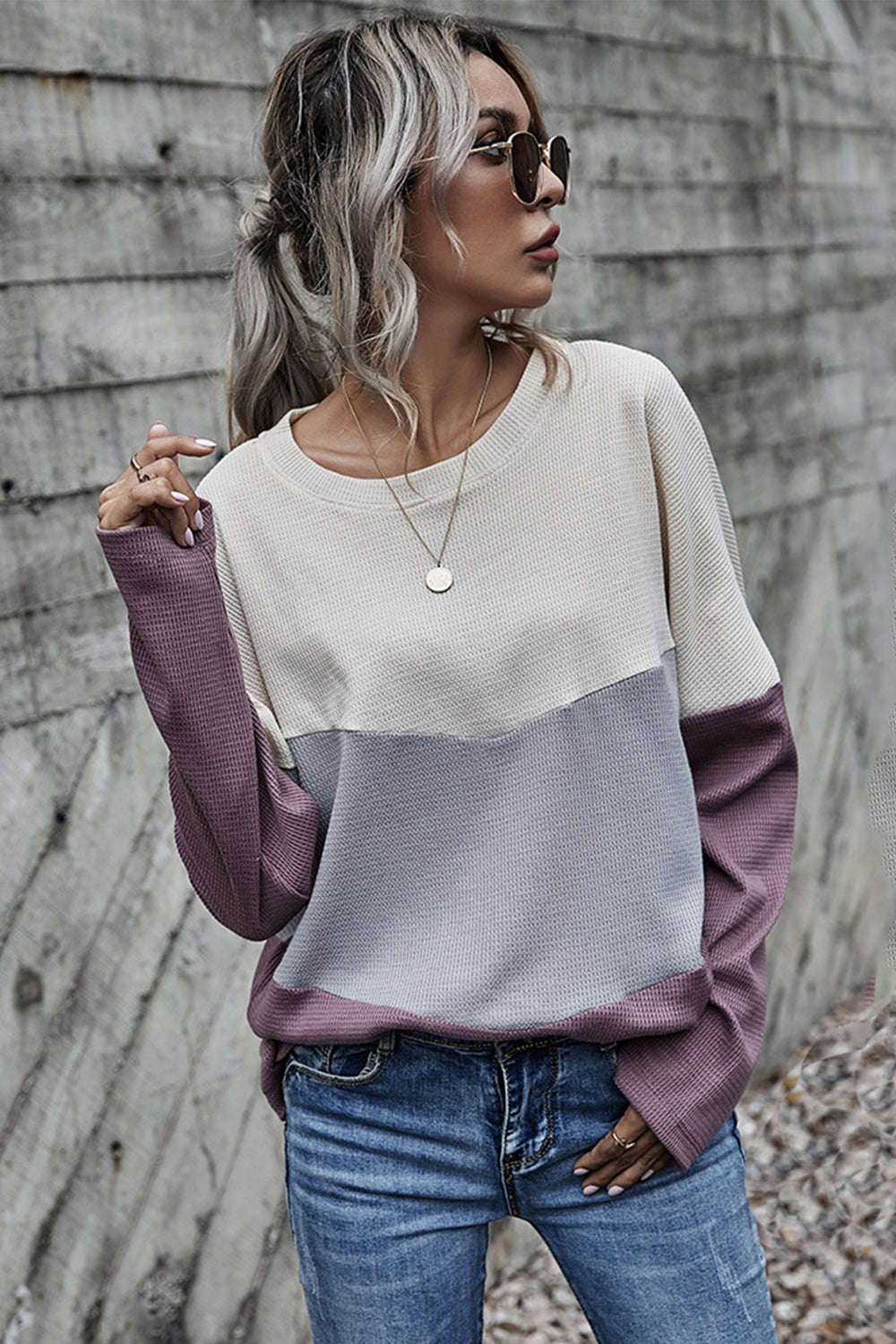 Three-color Contrast Long-sleeved Round Neck Top