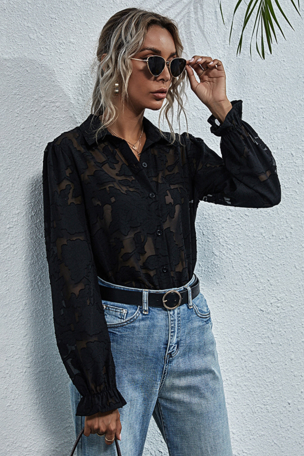 Perspective Lace Embroidery Flower Shirt