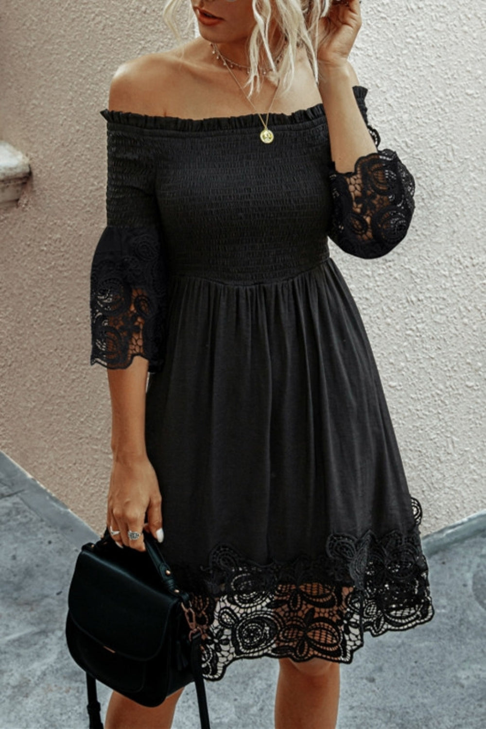 Off the Shoulder Plain Lace Dress