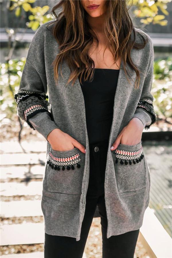 Boho Cording Knitted Cardigan - Gray Cardigans Pavacat S Gray 