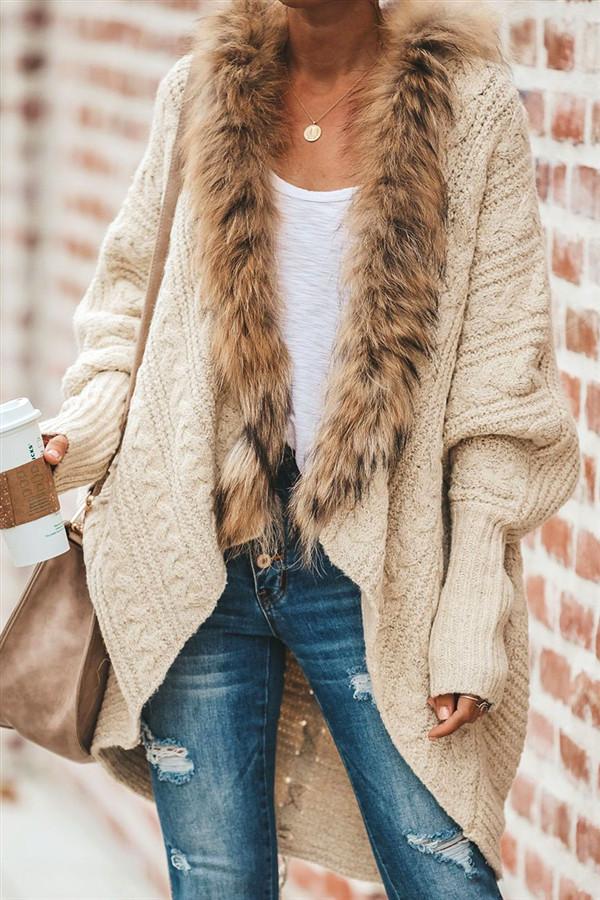 Buffy Faux Fur Cable Knit Cardigan Cardigans Pavacat One Khaki 