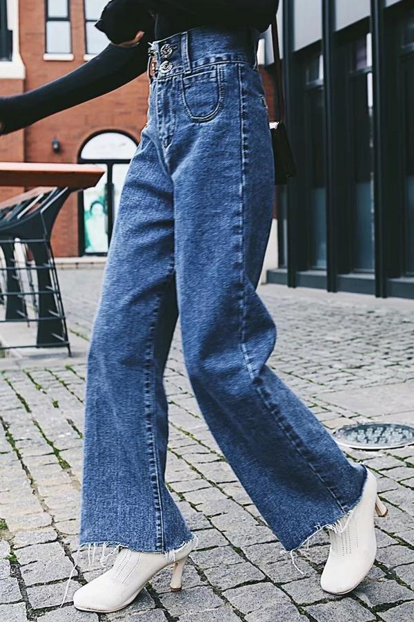Buttons Frayed Hem Wide Leg Jeans Jeans 5201902191238 L blue 