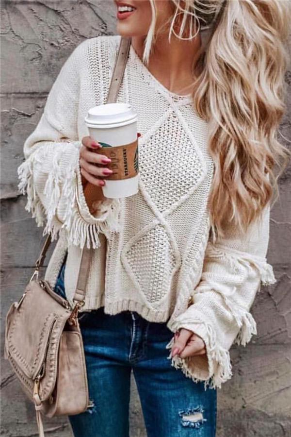 Cable Knit Tassel Fluffy Sweater Pullover MUYUAN S White 
