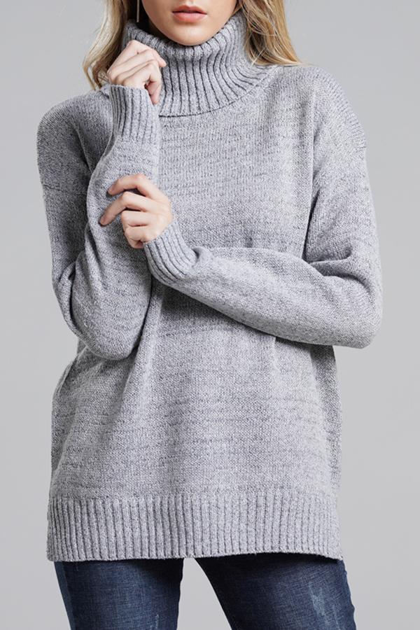 Casual Knit High Neck Loose Sweater - Gray Pullover VICI S Light Gray 