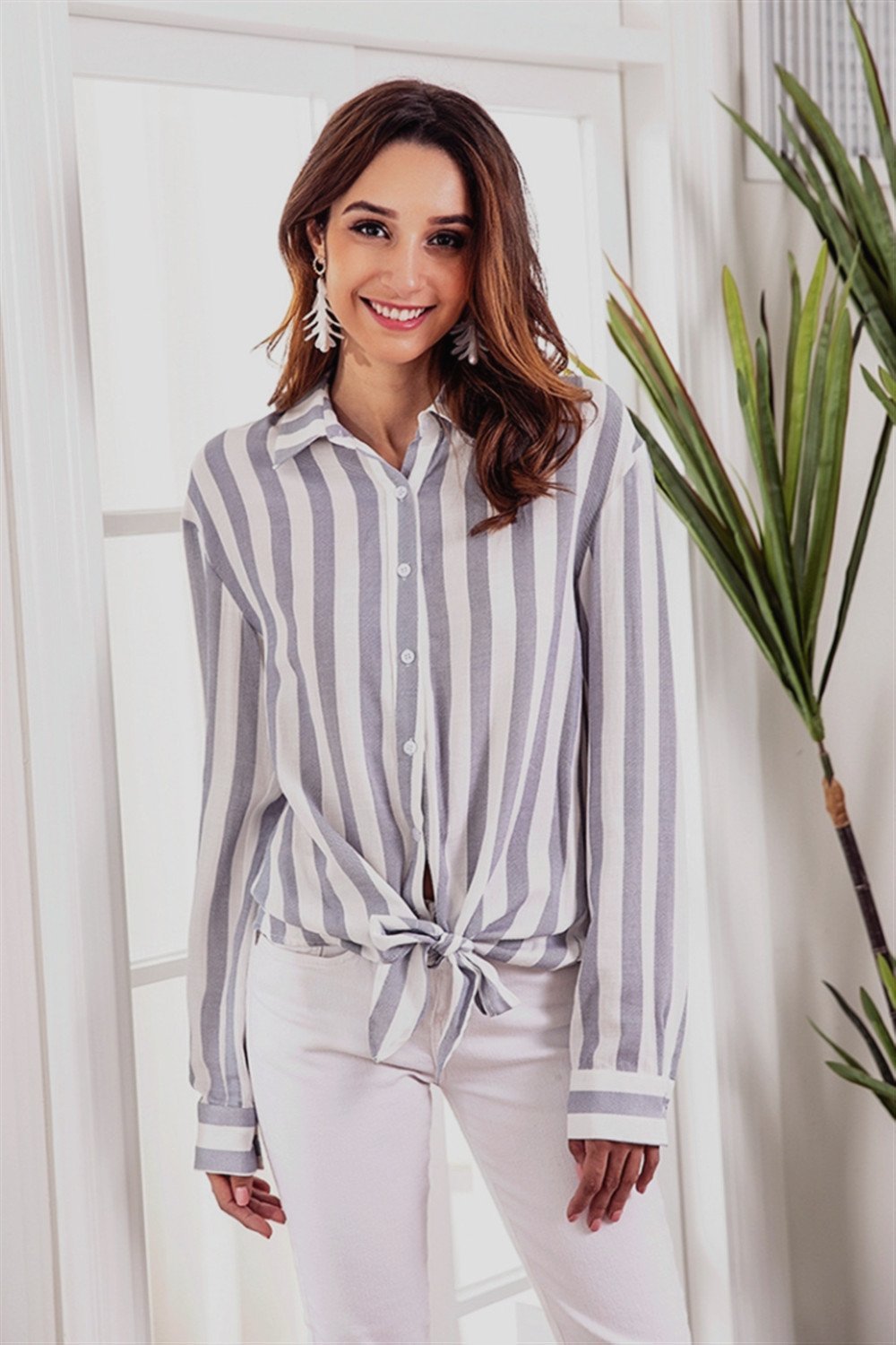 Casual Striped Front Knot Shirt - Pavacat