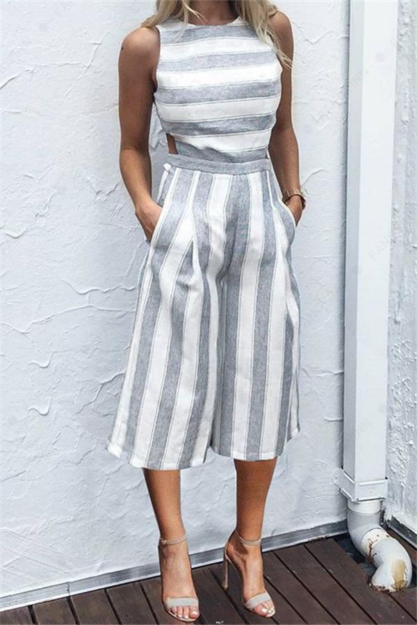 Casual Striped Wide Leg Jumpsuit Jumpsuits & Rompers chicnico S Gray 