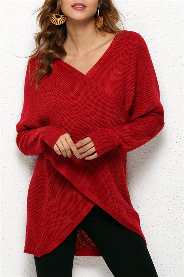 Casual V Neck Front Cross Weekend Sweater - Red Pullover VICI S Red 