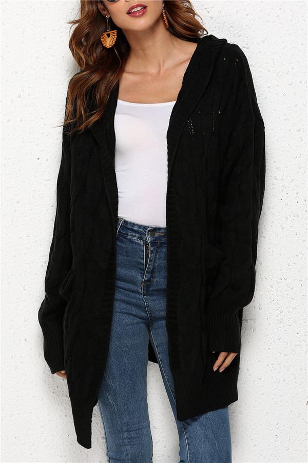 Chic Long Cable Hoodie Cardigan - Black Cardigans Pavacat One Black 