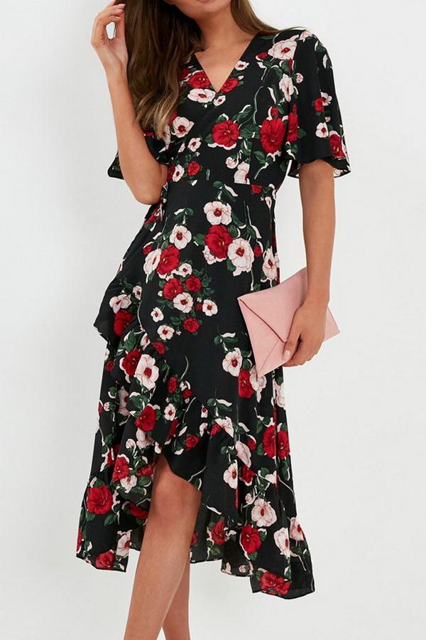Chiffon Irregular V-collar Printed Lace Dress Dress 5201906151552 black L 